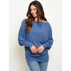 1A Blue Cozy Casual Solid Dolman Tunic Knit Wide Neck Top